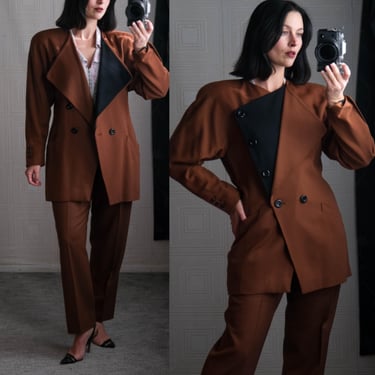 Vintage 80s ESCADA Caramel Brown Double Breasted Three Piece Suit w/ Double Lapel & Black Buttons | Made in W. Germany | 1980s Designer Suit 