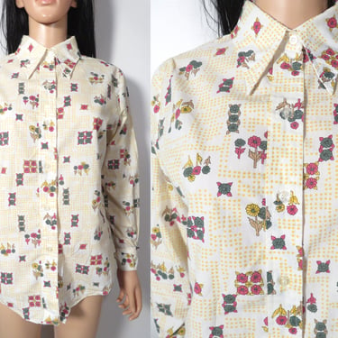 Vintage 70s Dagger Collar Floral Cotton Blend Blouse Size M 