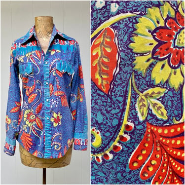 Vintage 1980s Faux Batik Western Shirt, Botanical Print Pearl Snap Rockabilly Shirt, Small 36