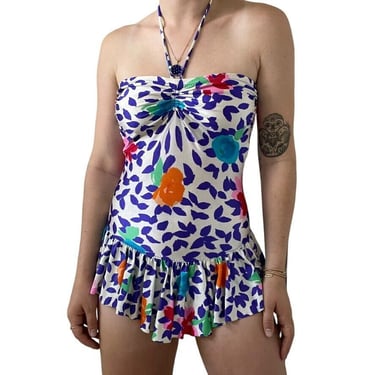 Vintage 1980s Womens Floral Abstract Leotard One Piece Retro Swimsuit Sz M 