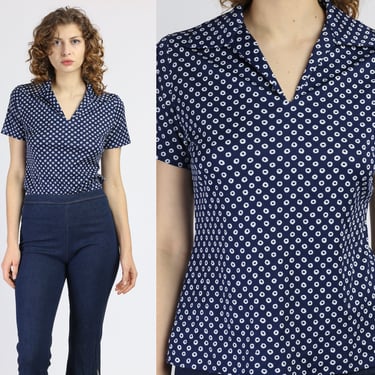 70s Navy Blue Polka Dot Top - Medium | Vintage Short Sleeve Collared Polo Shirt 
