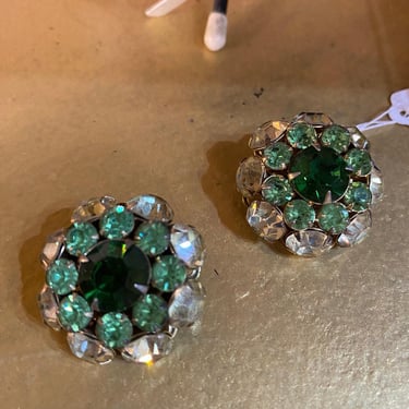 1950s Judy Lee green and yellow ombre rhinestone clip on earrings 50s jewelry 