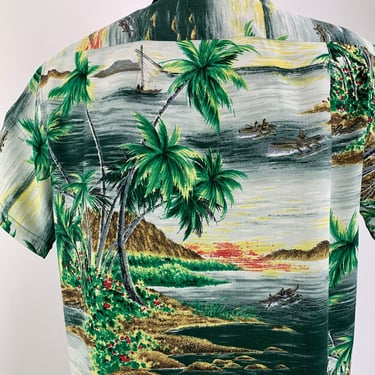 1950's Hawaiian Shirt - PENNEY'S LABEL - Hand Screen Printed Rayon - Sunset Colors - Loop Collar  - Made in Japan - Men's Size Medium 