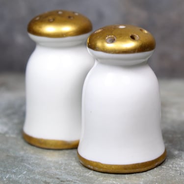 Mid-Century Hotel Ware Miniature Salt & Pepper Shakers - Vintage Travel Size Ceramic Shakers - White and Gold 