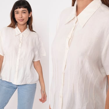 White Linen Shirt Button Up Shirt Y2K Pleated Plain Simple Short Sleeve Top Preppy Basic Button Down Minimalist Chic Vintage 00s Large L 