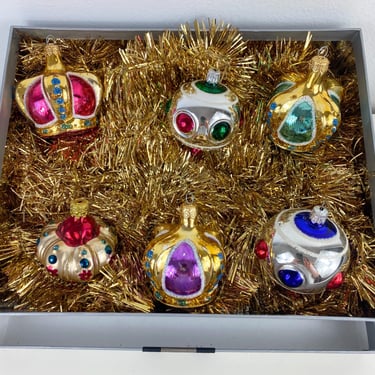 Vintage Royal Crown Style Glass Ornaments, Mixed Set of 6, Spinning Orb Ornaments, Christmas Tree Ornament, King Queen Royal Crowns European 