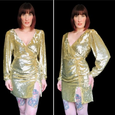 Vintage 1970's Style Gold Fully Sequined Bishop Sleeve Disco Dress - size Medium 