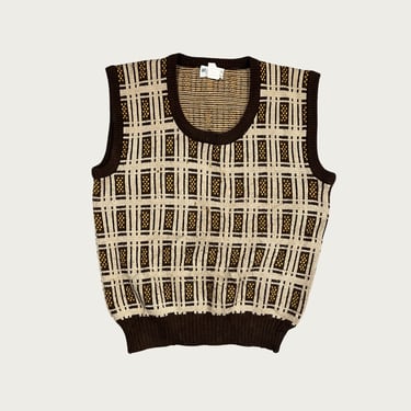 (S/M) 70s Brown Retro Plaid Sweater Vest