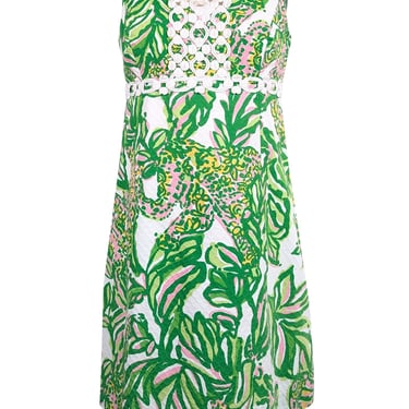 Lilly Pulitzer - Green, White, & Pink Printed Dobby Dress w/ Embroidery Sz 8