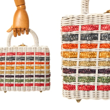 Vintage 1960s Box Purse | 60s Rainbow Striped White Woven Wicker Handbag 