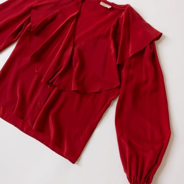 Vintage Silk Ruffle Button Up Blouse in Red