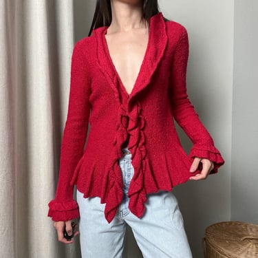 vintage 90s y2k red ruffle trim knit v neck hook eye cardigan sweater top by madison 