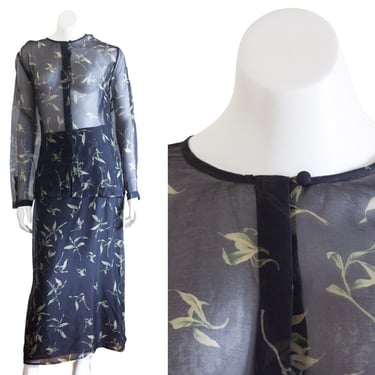 Black silk two piece skirt set with leaf print 