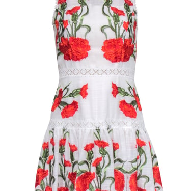 Alexis - White, Red & Green Floral Embroidered Drop Waist Dress w/ Lace Trim Sz M