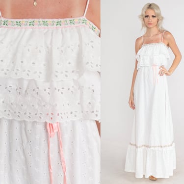 White Eyelet Dress 70s Maxi Dress Ruffled Pink Floral Ribbon Trim Sleeveless Sundress Tiered Long Hippie Summer Vintage 1970s Extra Small xs 