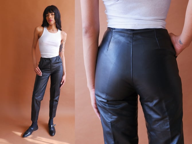 Vintage 90s Black Leather Pants/ 1990s High Waisted Leather