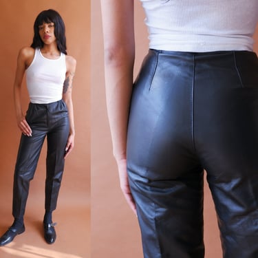 Vintage 90s Black Leather Pants/ 1990s High Waisted Leather Trousers/ Size XS 25 