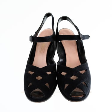 Lovely 1940's Black Suede Leather Peep-Toe Pumps / Size 8