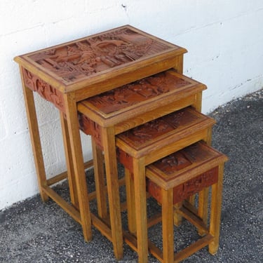 Oriental Hollywood Regency Heavy Carved Nesting Tables Set of Four 2994