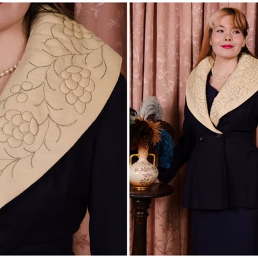1940s Jacket - Chic Vintage Late 1940s or Early 50s Nipped Waist New Look Suit Jacket with Huge Ivory Shawl Collar with Trapunto Work 
