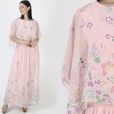 Hanae Mori Pink Chiffon Dress Vintage Designer Butterfly Print Long Sheer Capelet Neiman Marcus Maxi Bridal Gown 