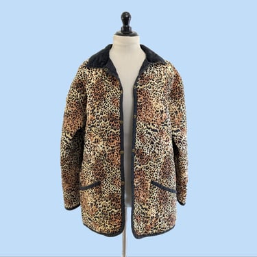 Vintage 90s Leopard Print Quilted Jacket, 1990s Straight Fit Boxy Jacket 