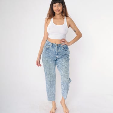 Vintage Acid Wash Jeans 90s Chic Mom Jeans Denim High Waist Ankle Jeans 1990s Tapered Denim Pants Slim Leg Size 29 Medium M 