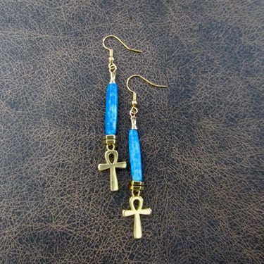 Blue horn and ankh dangle earrings 