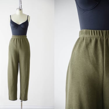 green knit pants | 80s 90s plus size vintage olive green elastic waist ribbed knit tapered leg sweatpants 