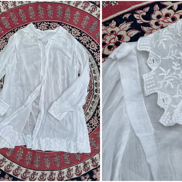 Antique Edwardian blouse, white batiste, 1910’s tunic style top with embroidered collar, S 