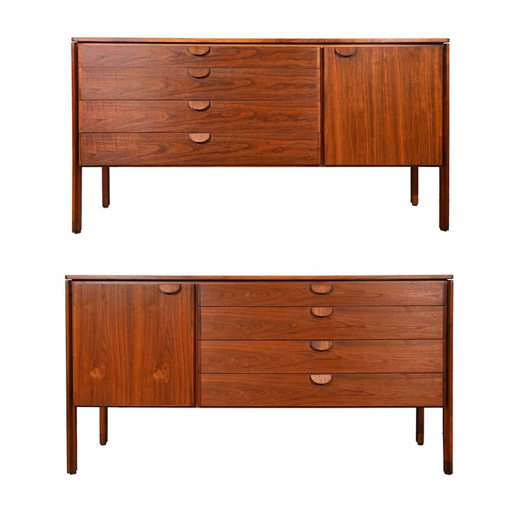 Mirror-Image Pair of Jens Risom Walnut Dressers | Credenzas