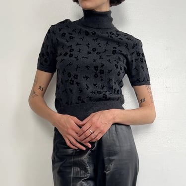 Charcoal Merino Floral Turtleneck Top (S)