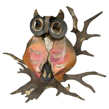 Fancy Whimsy Sculptural Brutalist Brass OWL Metal Wall Art 1970s 