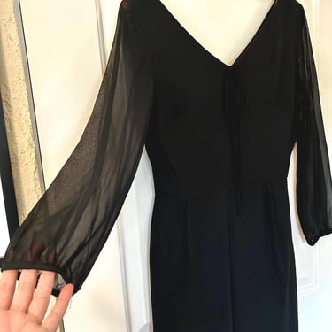 Vintage black long sheer sleeve v-neck union made LBD, cocktail dress, evening dress, part dress, holiday dress 