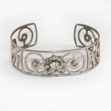 Vintage 1950s Metal and Rhinestone Openwork Cuff - Wide Adjustable Bracelet with a Swirled Filigree Look 