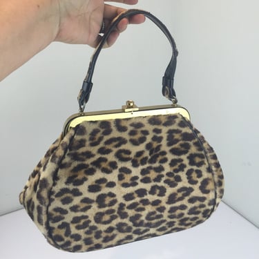 Set Down Handbags - Vintage 1950s 1960s Kadin Faux Leopard Fur Mid Size Purse Handbag 