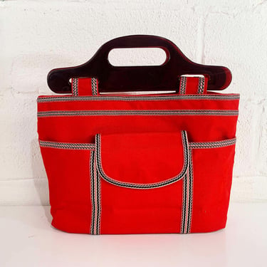 Vintage Red Canvas Bag Tote Plastic Lucite Handles Holiday Fair 70s 1970s Mod Twiggy Dopamine Dressing Colorful 