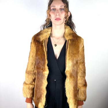 Vintage 1970s Brown Fur Jacket / Vintage Fur Jacket / Bomber Coat Brown Rib / Glam Disco 1970s 1980s Rabbit Small XS 