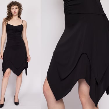 90s Y2K Black Scarf Hem Dress Small | Vintage Alyn Paige Ruched Spaghetti Strap Mini Party Dress 
