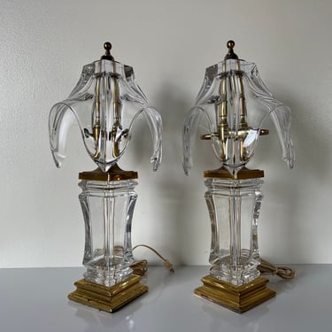 1970's Vintage French Cofrac Art Verrier Heavy Crystal  Table Lamps - A Pair 
