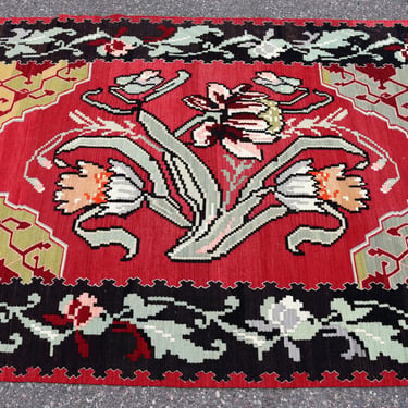 Mid Century Modern Kilim Wool Area Rug Red Hand Made in Turkey Floral Pattern 