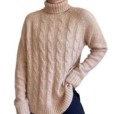 Vintage 90s Womens Lands End Tan Cable Knit Chunky Alpaca Wool Blend Sweater L 