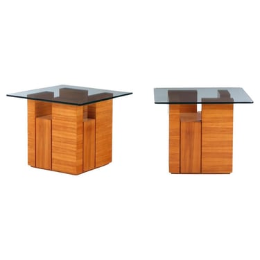 Pair of bleached mahogany glass top end tables in manner of Paul Evans, C. 1980
