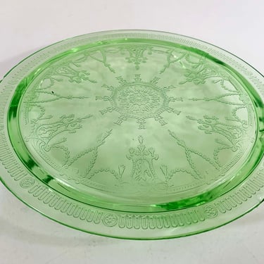 Vintage Anchor Hocking Uranium Glass Footed Cake Plate Stand 1930s Cameo Ballerina Green Vaseline Depression - Has Chip Read Description! 