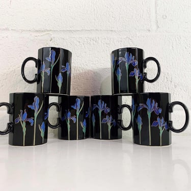 Vintage Blue Iris Otagiri Mugs Mug Set of 6 Floral Pattern Coffee Tea Cocktail Hot Cocoa  Black Made in Japan 1970s 