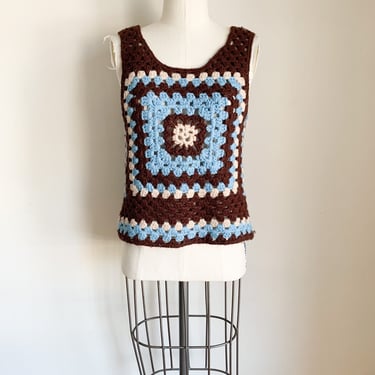 Vintage 1970s Granny Square Crochet Vest / S 