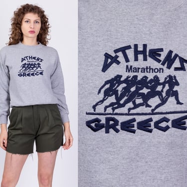 90s Athens Greece Marathon Sweatshirt - Petite Medium | Vintage Heather Gray Graphic Tourist Pullover 