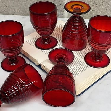 Vintage Wine Glasses Retro 1970s Bohemian + Red Orange Glass + Goblets + Ribbed Design + Set of 6 + Kitchen and Bar + Drinkware + Serving 