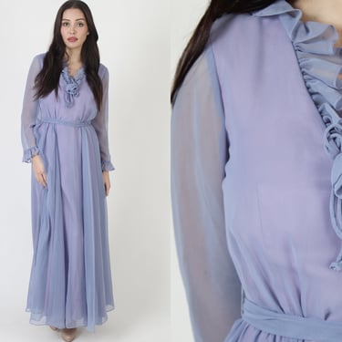 Low Cut 70s Periwinkle Chiffon Dress / Long Pleated Sheer Puff Sleeves / Lightweight Lined Bridesmaids Gown With Matching Belt 