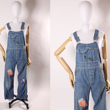 Late 1960s Early 1970s Blue Denim Full Length Novelty Patchwork Worn Overalls by Key Imperial -S 
